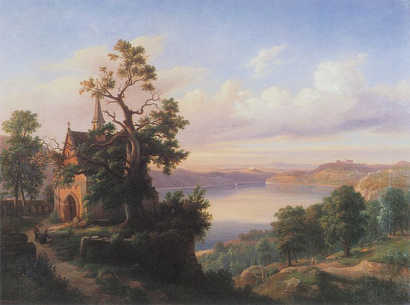Landscape with a lake and a gothic church.